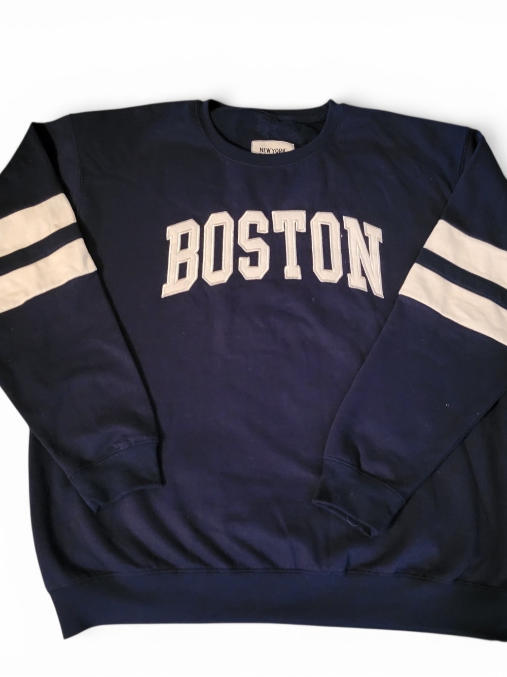 Navy 'Boston' Crewneck Sweatshirt with White Sleeve Stripes New York Popular